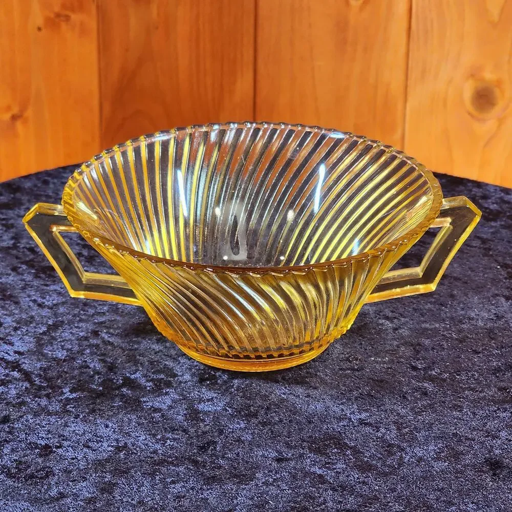 Vintage Amber Depression Glass Bowl -Art Deco Ribbed Serving Dish- Double Handle